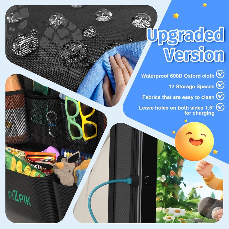 Plzpik Car Backseat Organizer with Tablet Holder,11 Storage Pockets with Foldable Food Tray, Protector Kick Mats for Kids, Travel Accessories Organizer (Black, 2-Pack) - Image 2